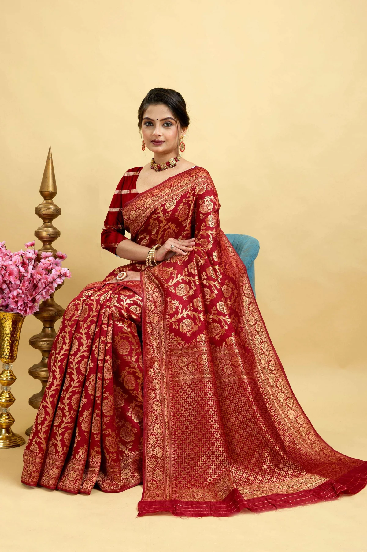 Traditional Maroon Kanjivaram Silk Blend Woven Saree