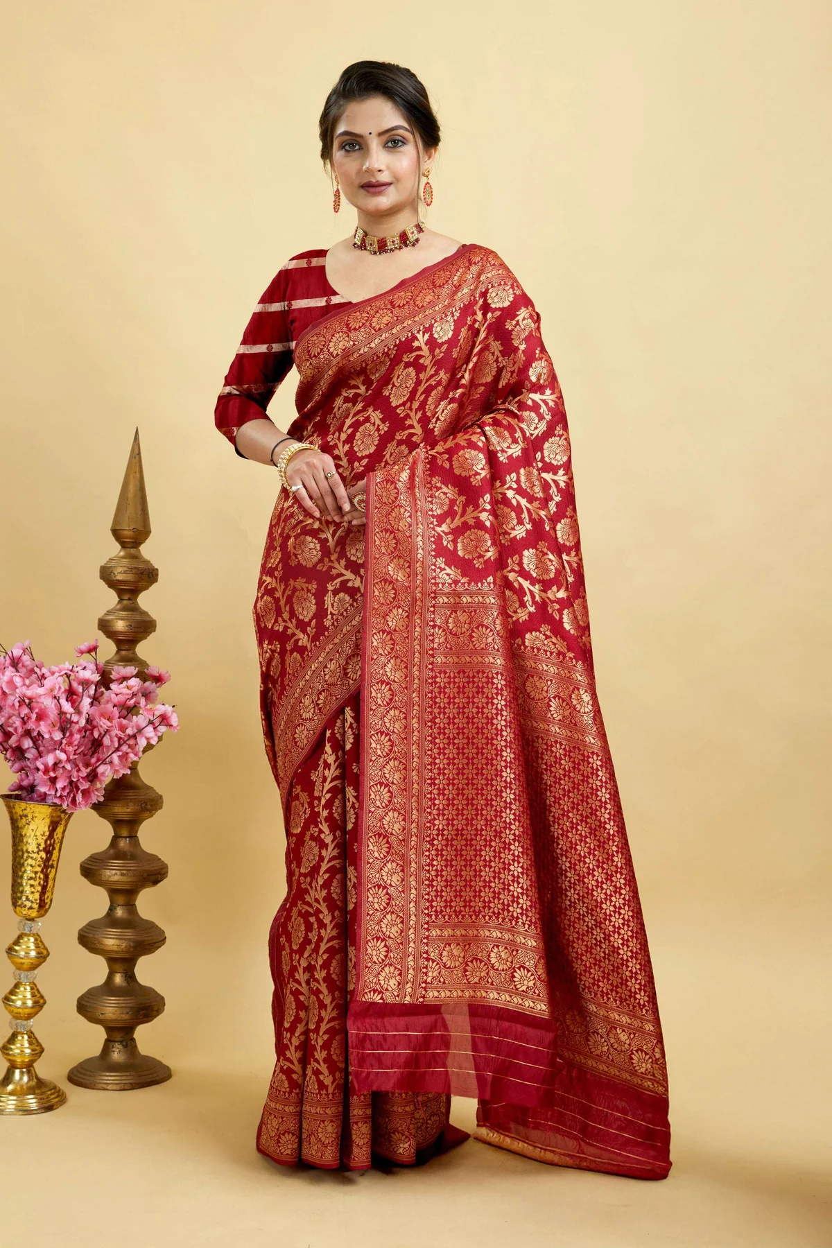 Traditional Maroon Kanjivaram Silk Blend Woven Saree
