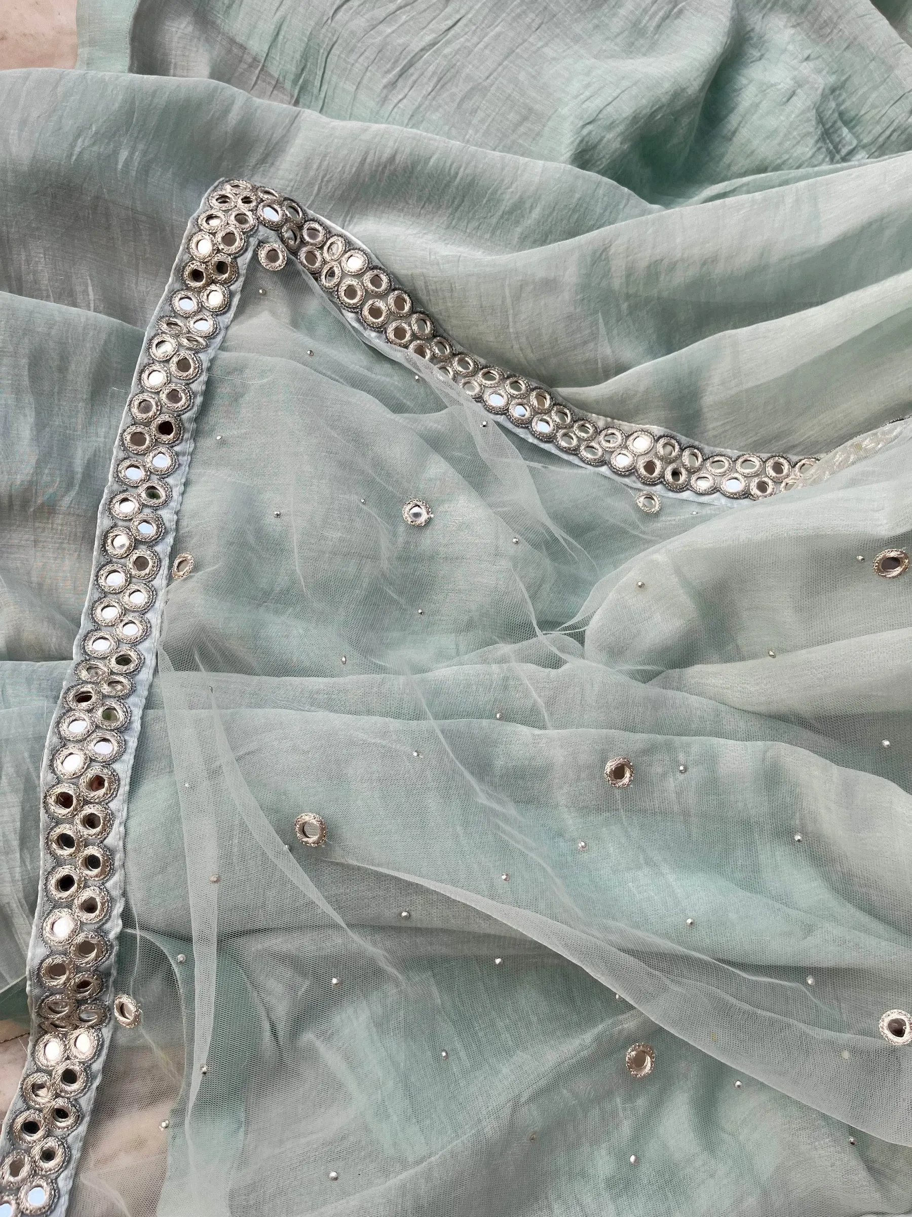 Sky Blue Mul Chanderi Lehenga Set With Mirror Work Dupatta