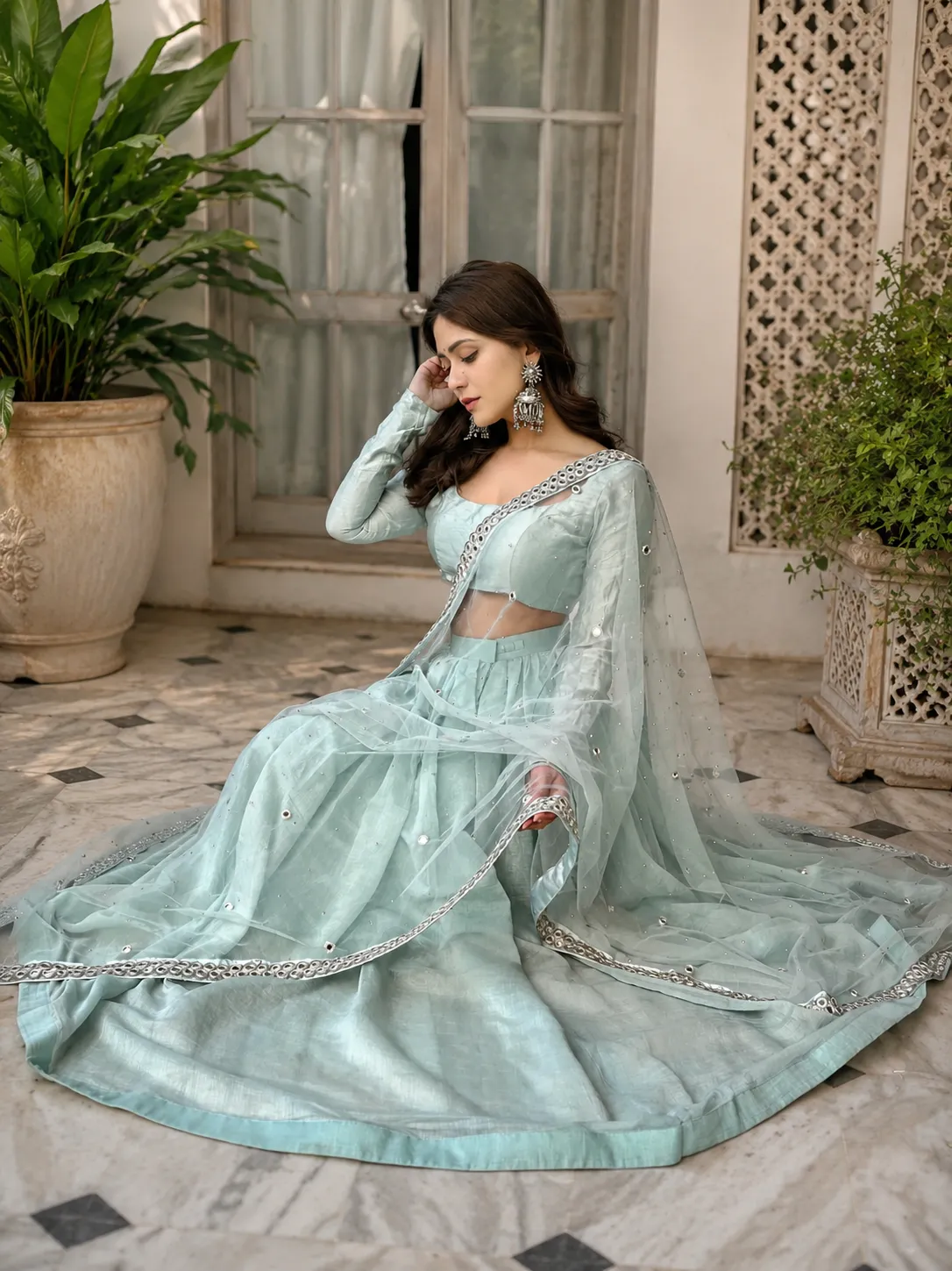 Sky Blue Mul Chanderi Lehenga Set With Mirror Work Dupatta